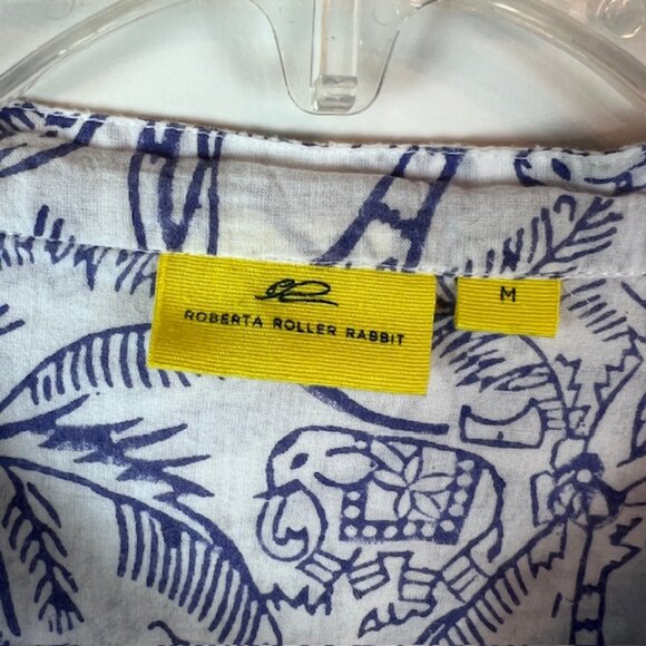 Roberta Roller Rabbit Blue White Palm Elephant Print Button Front Blouse Medium - Picture 5 of 8